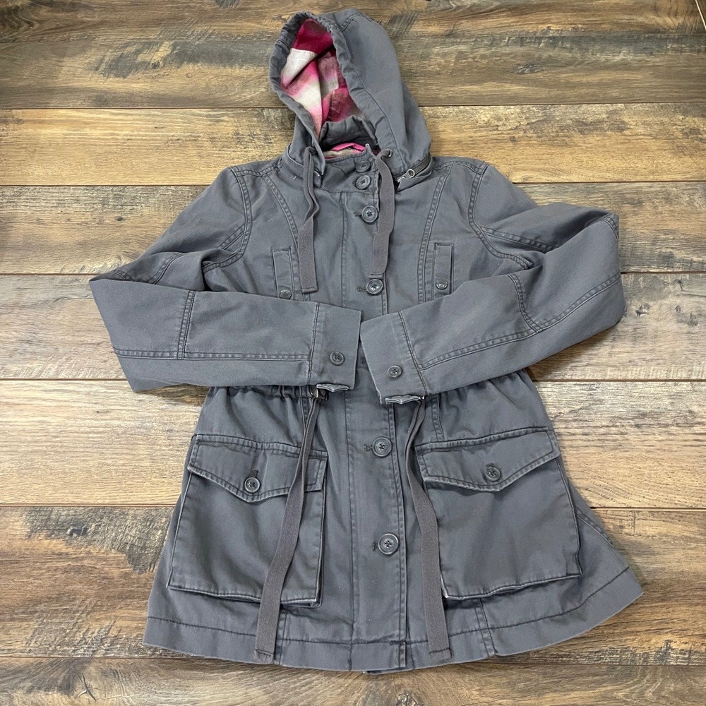Aeropostale Womens Utility Jacket Gray Flannel Lined Hooded Field Coat Small